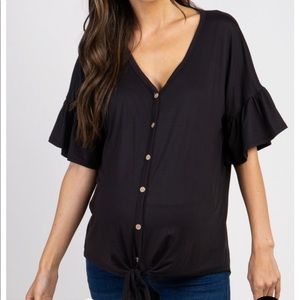 Black Solid Button Tie Front Maternity Top